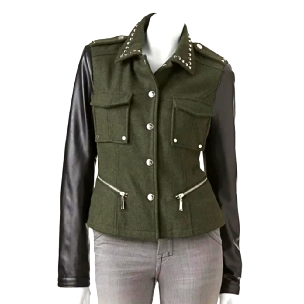 J2 Army green faux leather sleeve short jacket xs